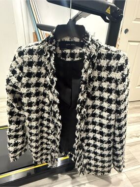 Zara Black and White Tweed Fringe Blazer
